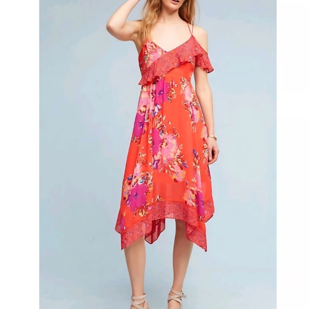 Anthropologie‎ Maeve Grecia Red Pink Floral Asymmetrical Ruffle Midi Dress Sz 4